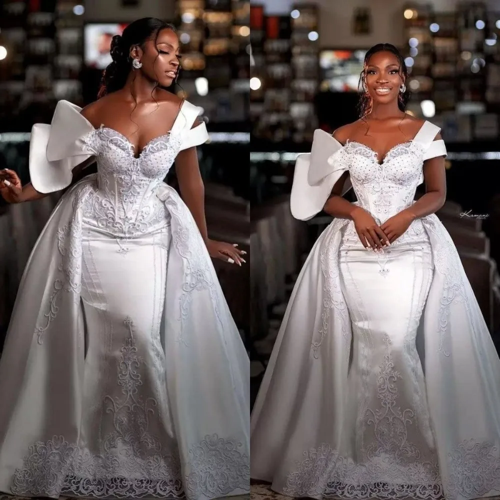 Vestidos de novia africanos de sirena con escote en forma de corazón con apliques de tren desmontable vestidos de novia de satén con cuentas Vestido de novia