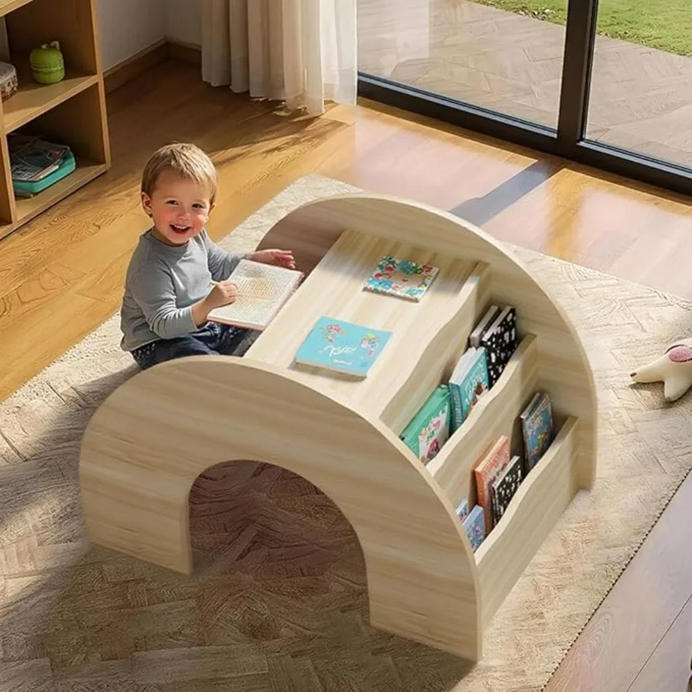 3-in-1 Kids Desk and Chair Set, Montessori Toddler Desk with Bookshelf for Ages 2-7 | Arched Baby Bookshelf with Table for Reading Drawing Playing (Oak)