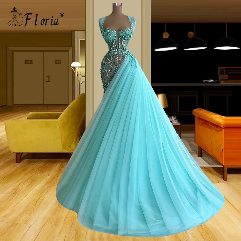 Mint Green Sleeveless Long Prom Dress with Side Train Pearls Beaded Tulle Dubai Saudi Arabic Evening Party Gown vestidos de gala