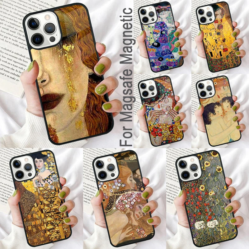 Gustav Klimt Kiss Art Magnetic Soft Phone Case for iPhone 16 Promax 15 Pro 13 14 Plus 11 12 Mini MagSafe Coque