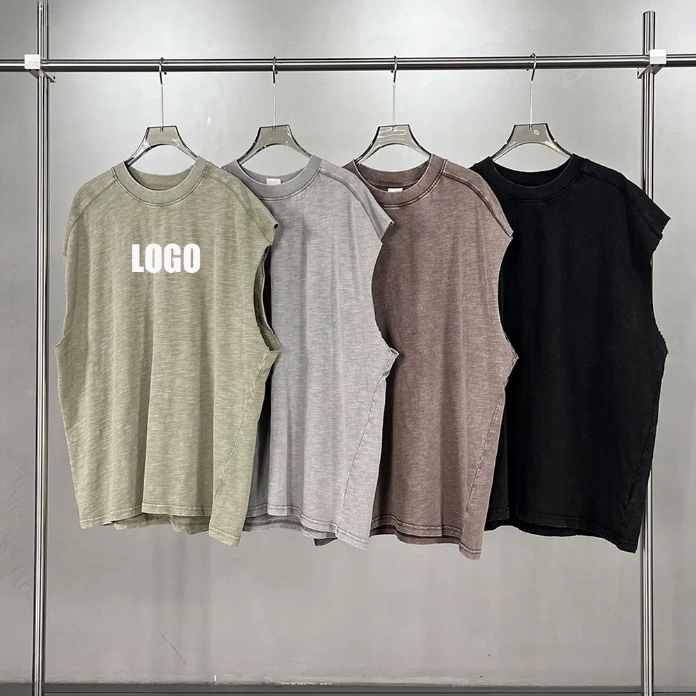 Custom LOGO men's women's 275G washed water old 100% cotton vest loose-edge sleeve splicing retro lazy wind couple top
