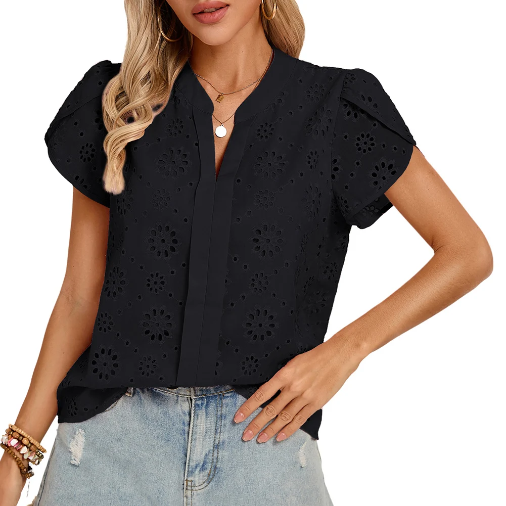 

KK женская текстурированная блузка с короткими рукавами-лепестками Henley, пуловер с v-образным вырезом, топы, милая мода