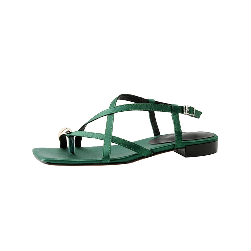 

Breathable Satin Thin Strap Sandals 1.5cm Flat Heel Open Toe Back Strap Metal Accent Black Green Comfort Women Summer Shoes