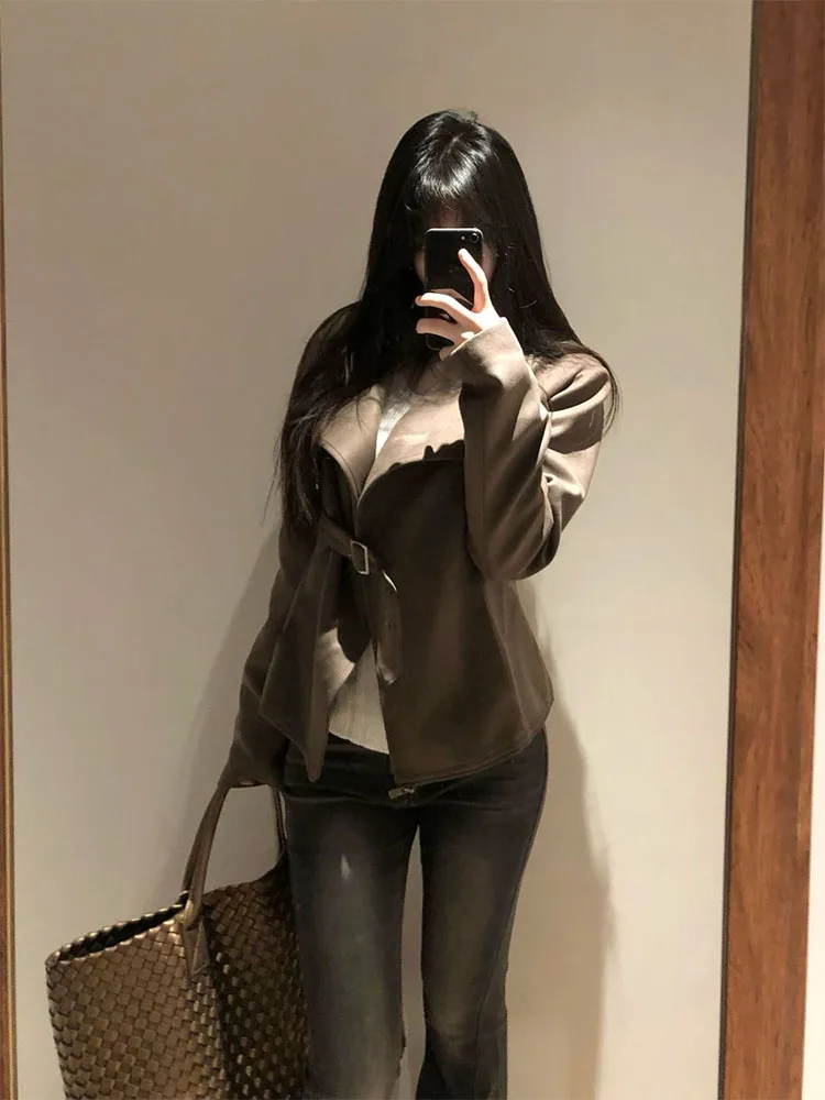 Retro American Suede Motorcycle Jaet Women's Spring Autumn New Design Large Collar Waist-Cinching Leather Jaet ort Coat