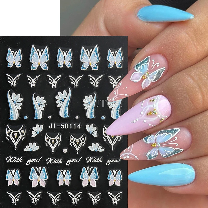 1PC Embossed 5D Nail Art Stickers Colorful Elegant Flowers Rose Butterfly Sliders For Nails White Petals Manicure Decals