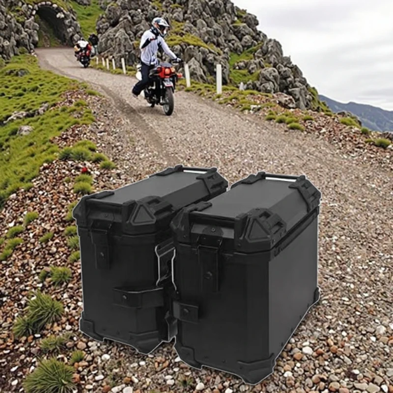 

38L Black Waterproof Aluminum Alloy Motorcycle Rear Tail Box Side Storage Box Set with Side Mount Panel Universal Fit