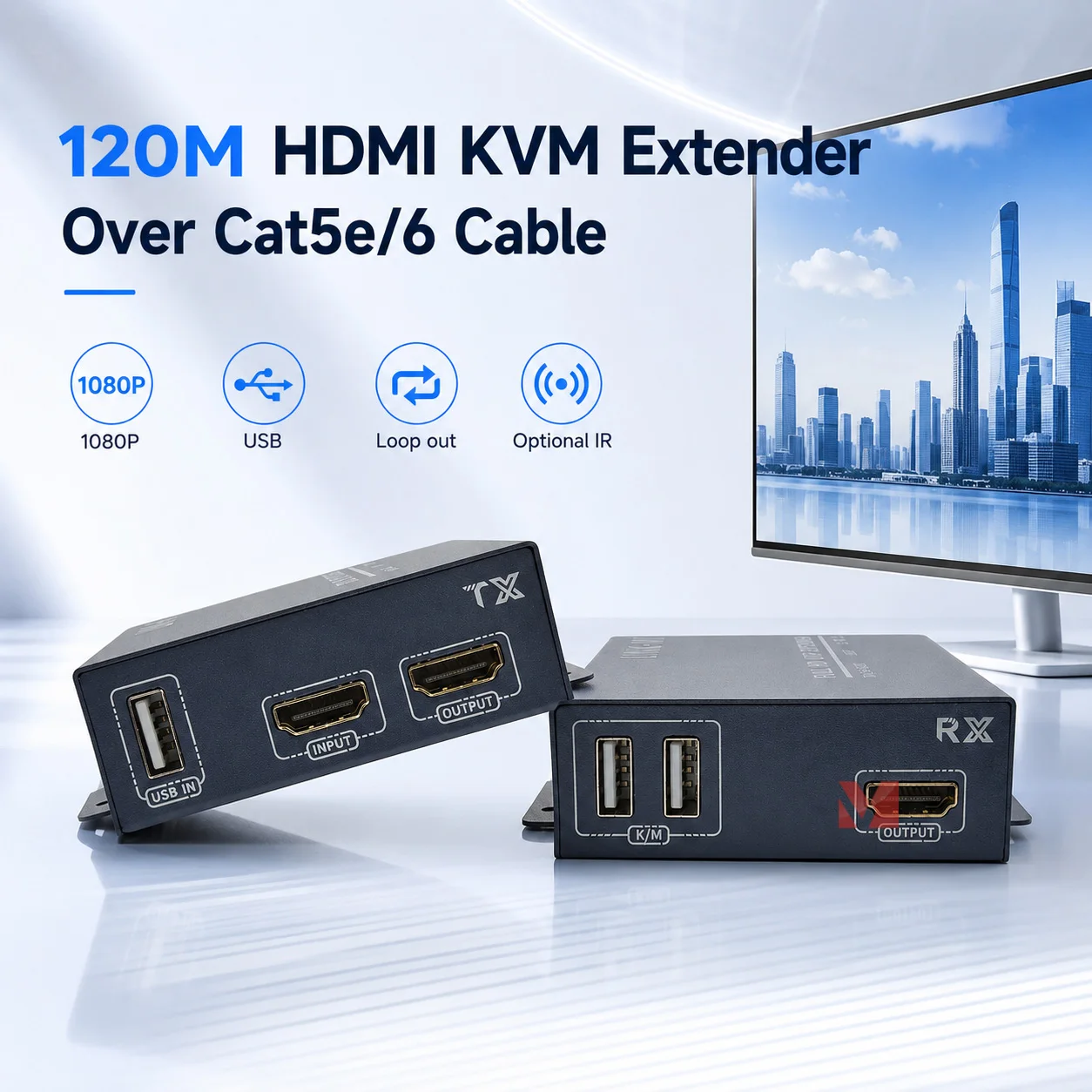1080P HDMI KVM Extender 120M over Cat5E/6 UTP Cable with Optional IR Function USB Video loopout Extender