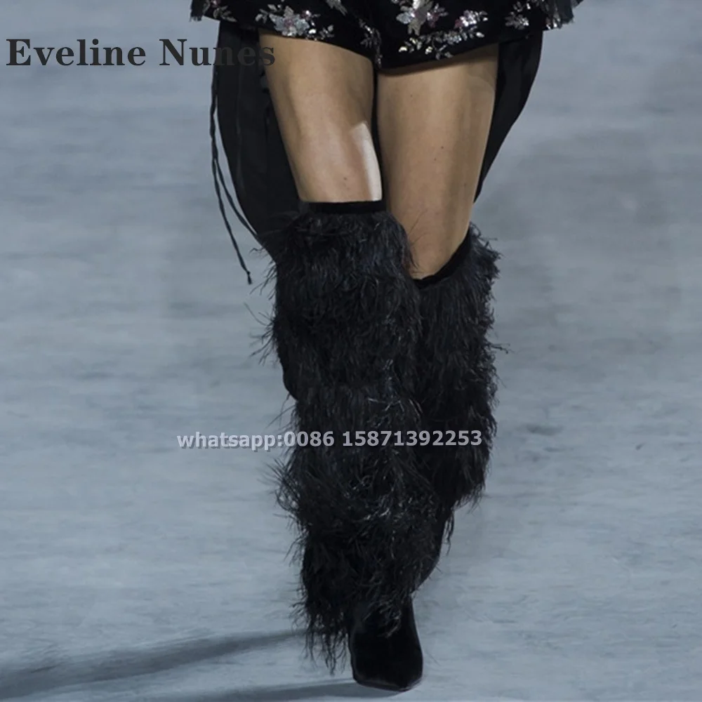 Furry Fur Tassel Feather Modern Boots Pointed Toe Stiletto Solid Sexy Over The Knee Boots Runway Show Plus Size Spicy Girl Shoes