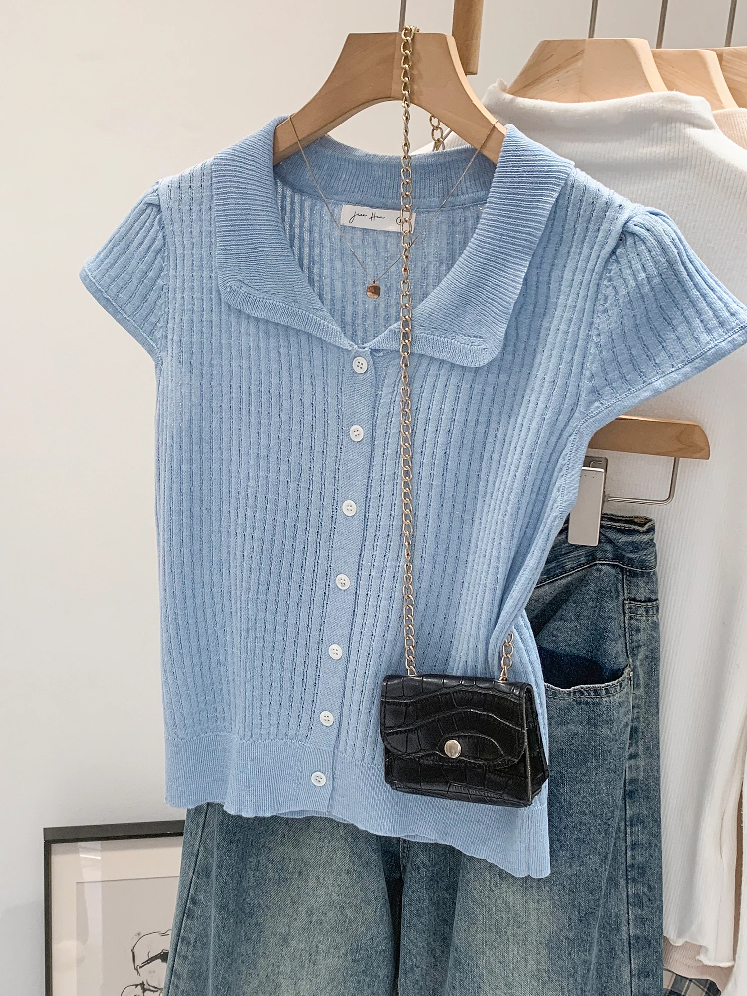 Unique Beautiful Thin Shoulder Flip Collar Knitted Short Sleeve Women's Summer 2026 New Elegant Small Outer Cover Shirt Open ...