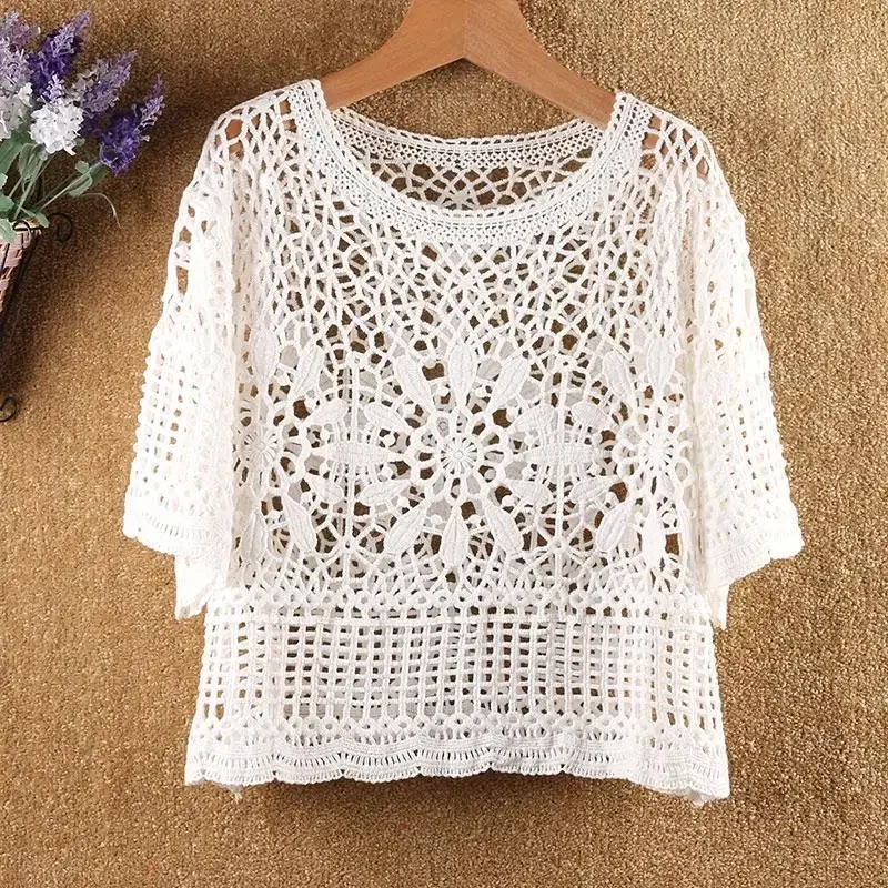 Summer Clothing Latest Women\'s round Neck Crocheted Cutout Blouse Short Large Size Lace Half Sleeve Loose Top for Women