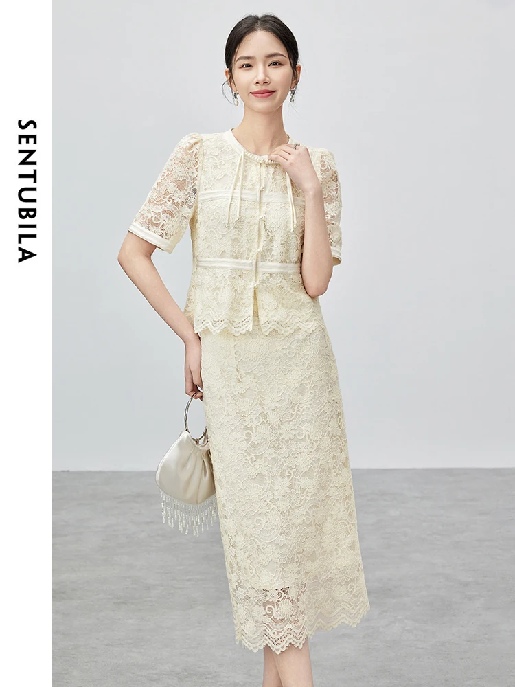 SENTUBILA Summer Lace Skirt Sets Round Neck Short Sleeve Top Straight Split Skirt 2024 Chinese Style Matching Set 142Z54664