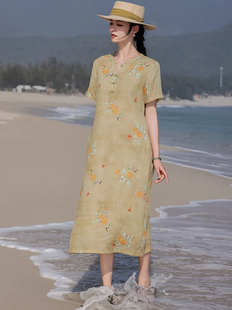 

Новинка 2026: Женское повседневное длинное платье из 100% рами в китайском стиле, винтажное, с цветочным принтом, элегантное платье-ципао M2438