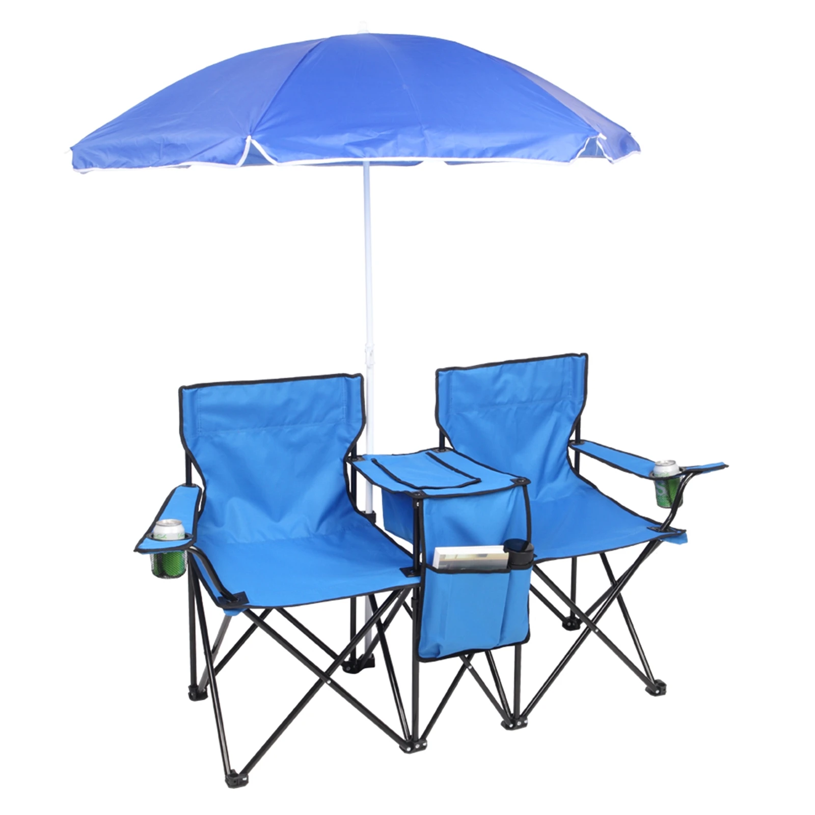 2-Seat Portable Camping Folding Chair with Removable Sun Umbrella, Foldable Outdoor Chair with Cup Holder for Beach, Fishing