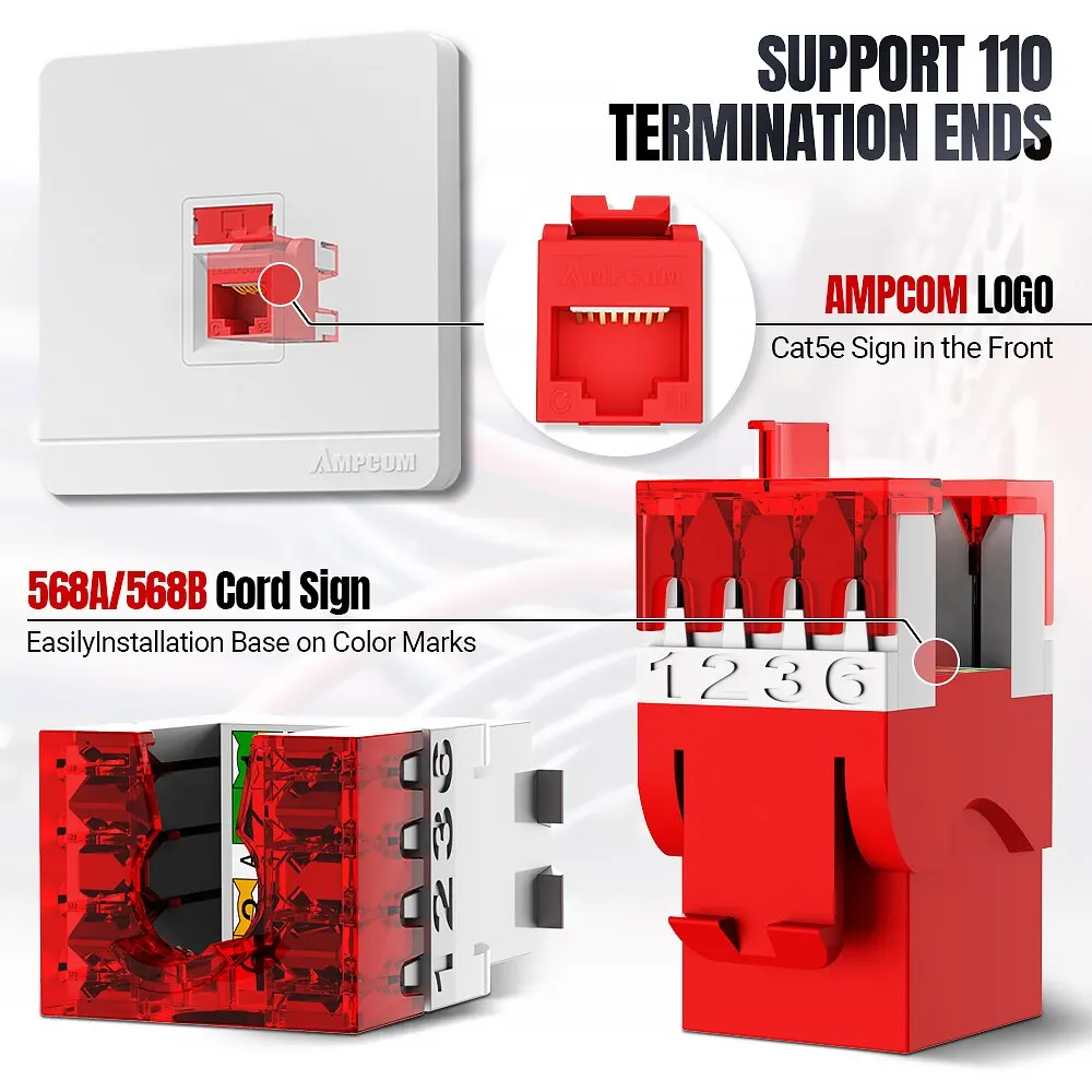 AMPCOM CAT6 Keystone Jack Slim Type, 1/ 10Gbps Krone Type Snageless RJ45 Module Connetor, 50U Gold Plated UTP 180-degree Plug