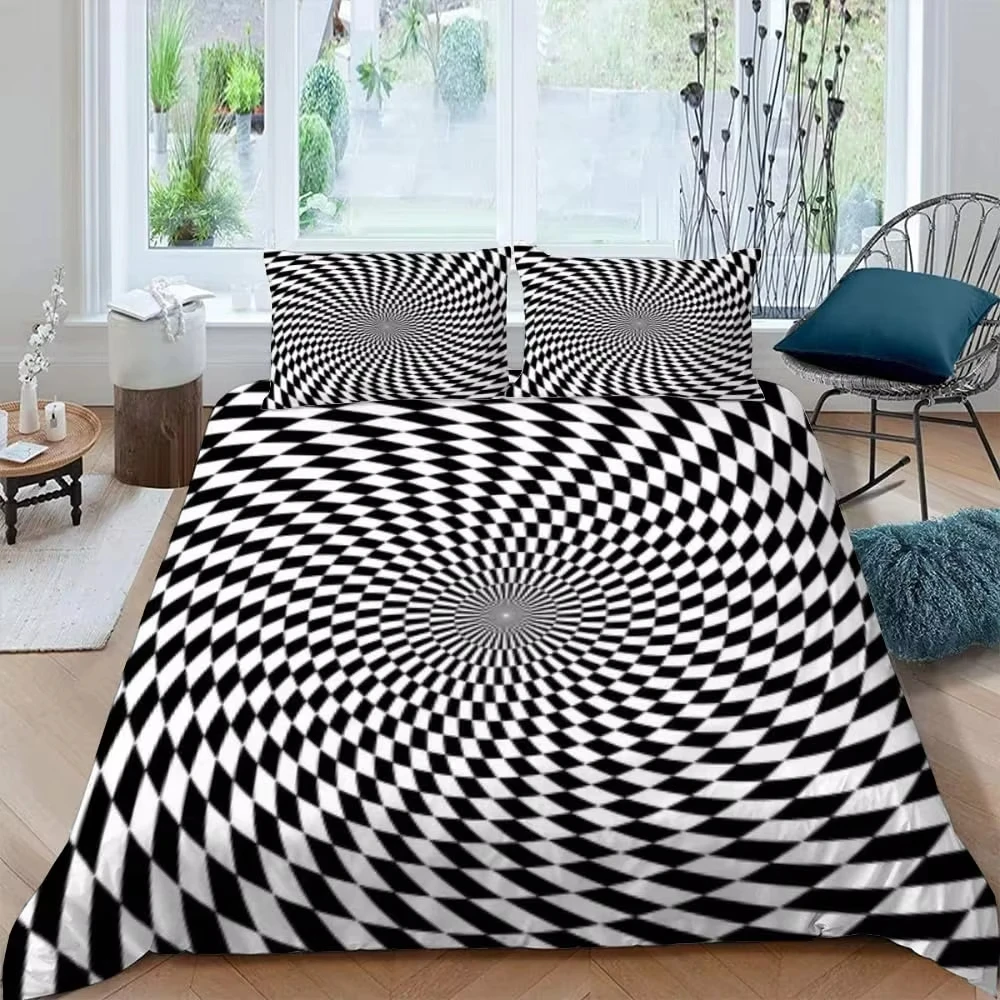 Black and White Duvet Cover 3D Optical Illusion Comforter Cover Microfiber Abstract Geometry Bedding Set Twin King for Kids Boys