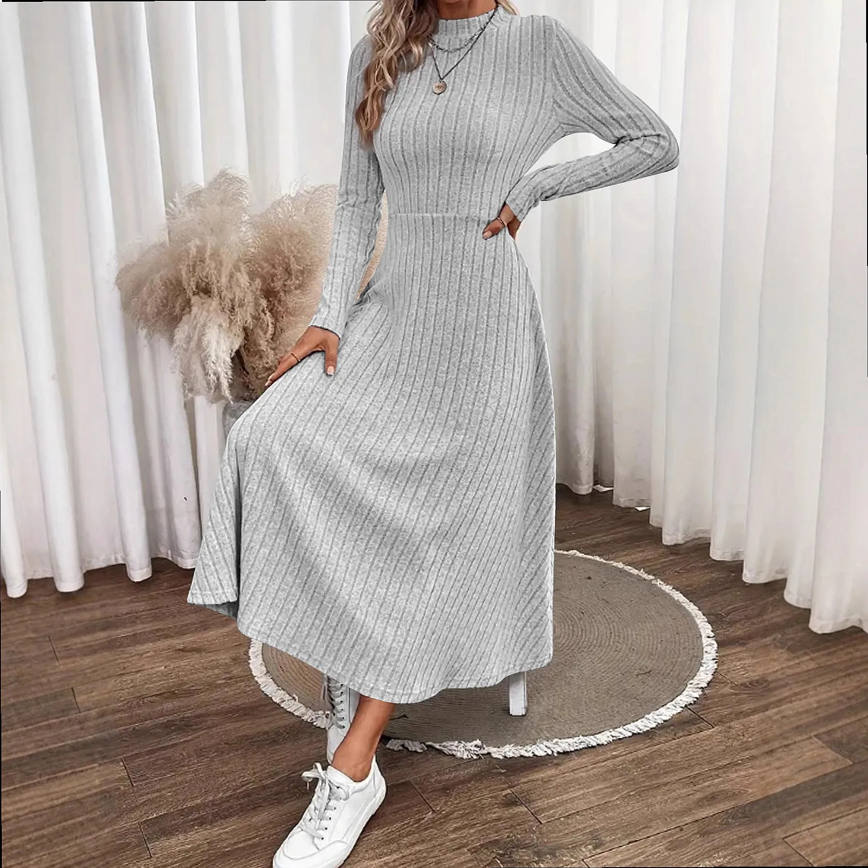 Dress Brushed Ribbed Maxi Dresses Round Neck Solid Color Spring Summer Elegant