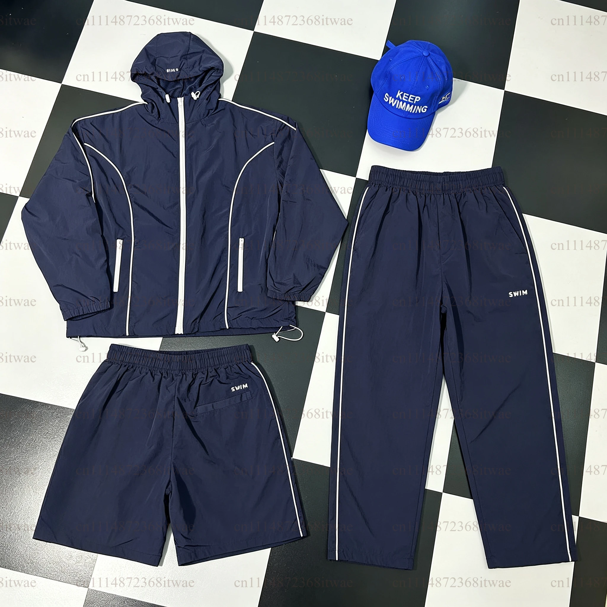 Casual Outdoor Hooded Windbreaker Coat Unisex Keep Swimming Zip Contrast White Line Decor Loose Outer Jacket Pants Shorts