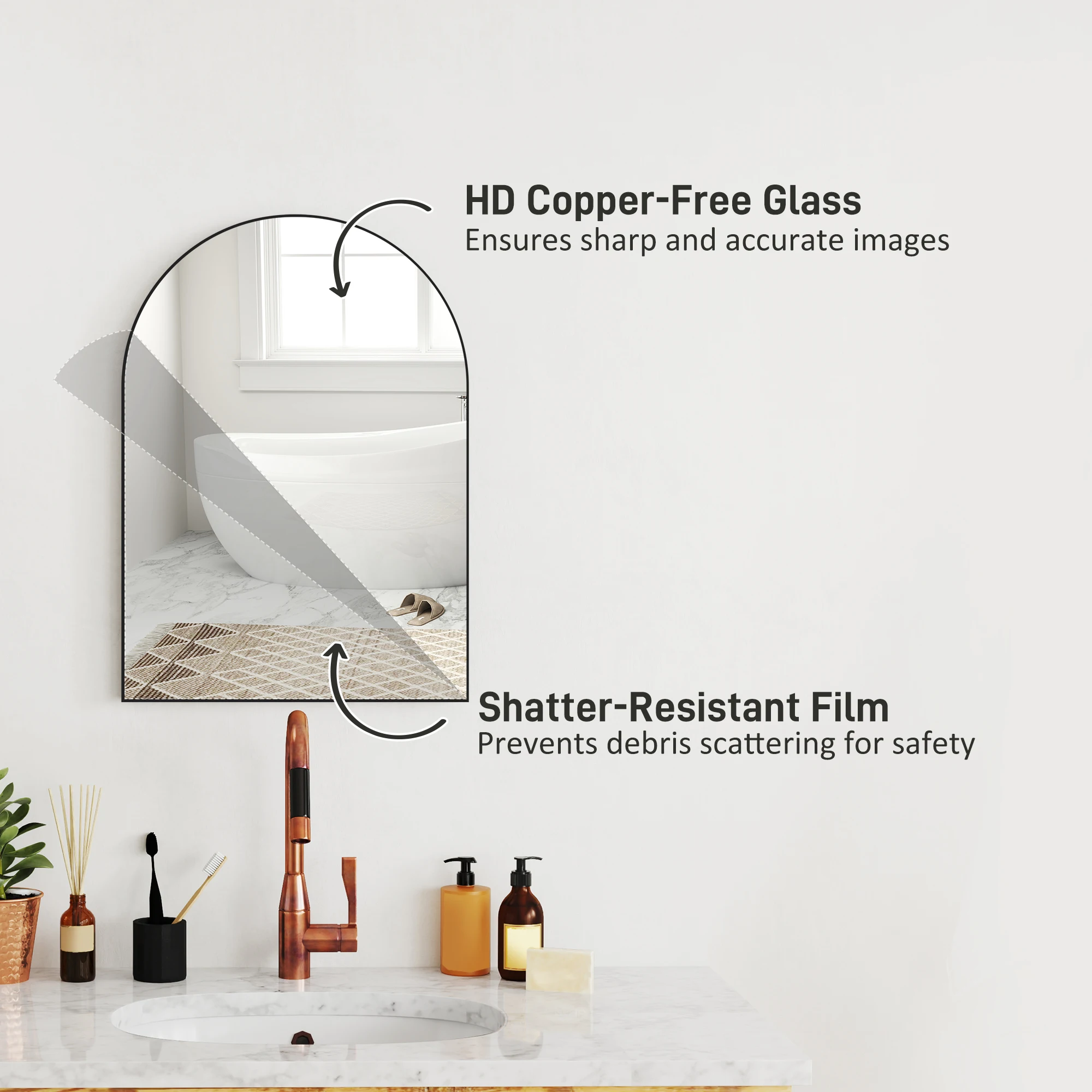 HOMCOM Arch Bathroom Mirror, Wall Mirror with Steel Frame, 50 x 70cm, Black