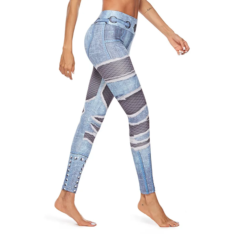 Push Up Patched Denim Print Yoga Pants Women Fitness Leggings Imitation Jeans Scrunch Tights High Waist Gym Workout Sport Pants