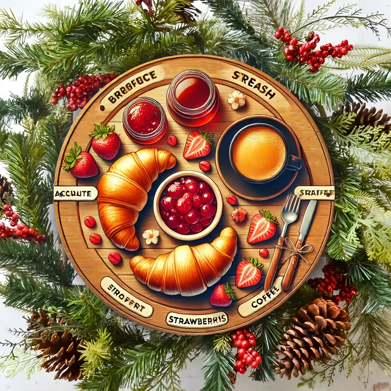 Letrero redondo de aluminio de estilo vintage, 20,32x20,32 cm, escena festiva de desayuno con croissants, café y bayas, 1 ud. | D