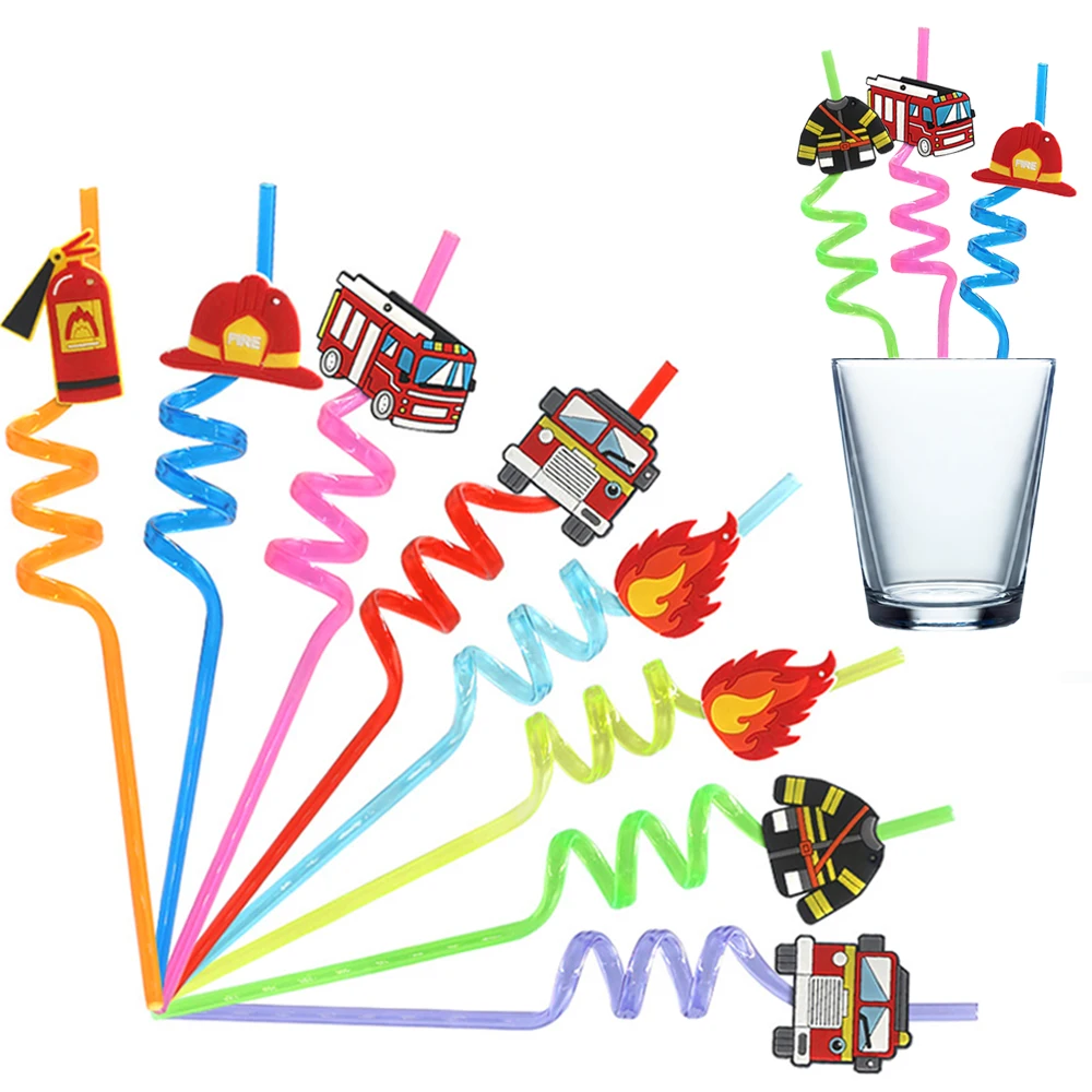 8pcs Reusable Fire Truck Plastic Spiral Straws Fighter Drinking Straw Firetruck Fireman Birthday Party Supplies Kids Gift Favors