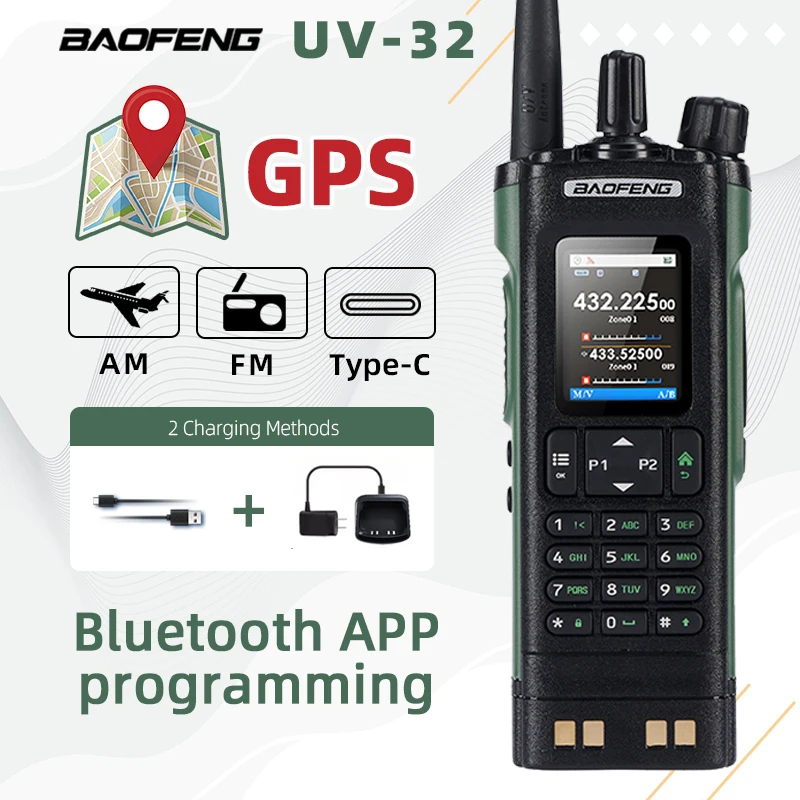 BAOFENG UV-32 Walkie Talkie GPS Multi Band Bluetooth APP Programming Wireless Copy Frequency Type-C Long Range Ham Two Way Radio