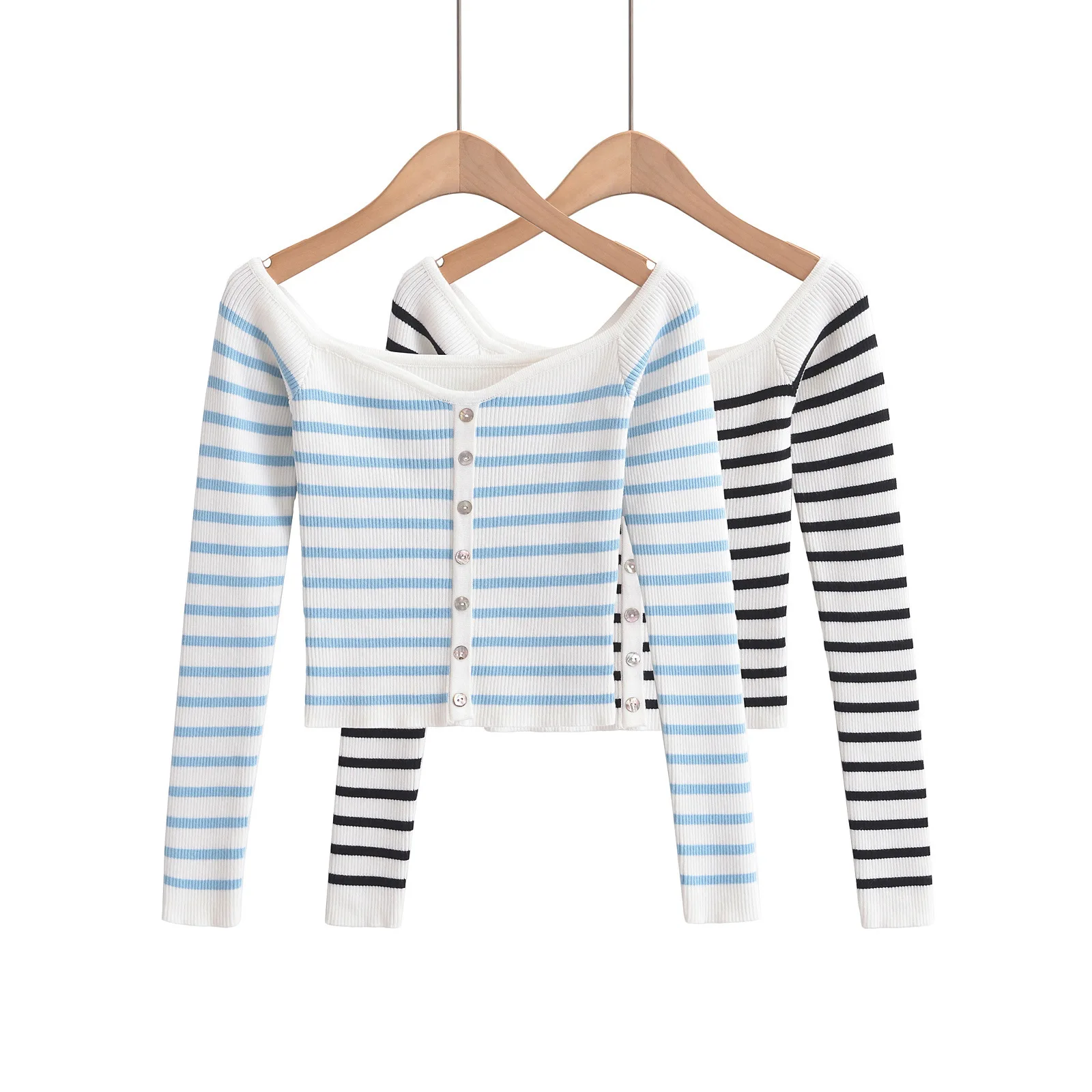 

Contrasting striped one-word neck long-sleeved knitted sweater for women's 2025 autumn and winter new slim-fit off-the-shoulder