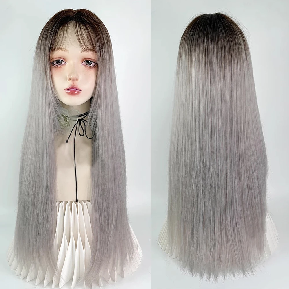

Brown Ombre Grey Lace Synthetic Wig Long Straight Women Fluffy Lolita Cosplay Wig Middle Part Wig for Daily Party