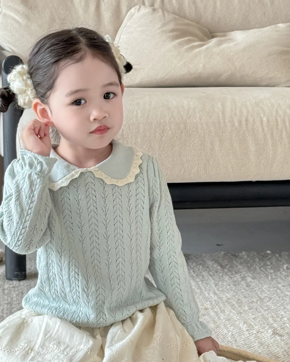 Fall Winter baby girl clothes kids tops Macaron colors Sweet girl's sweater girls Hollow pattern lapel knitted pullover