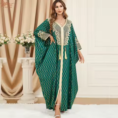 Uni Gold Stamping Batwing Sleeve Luxury Woman Evening Dress Dubai Jacquard Abaya Tassel Loose Women Clothing 2025