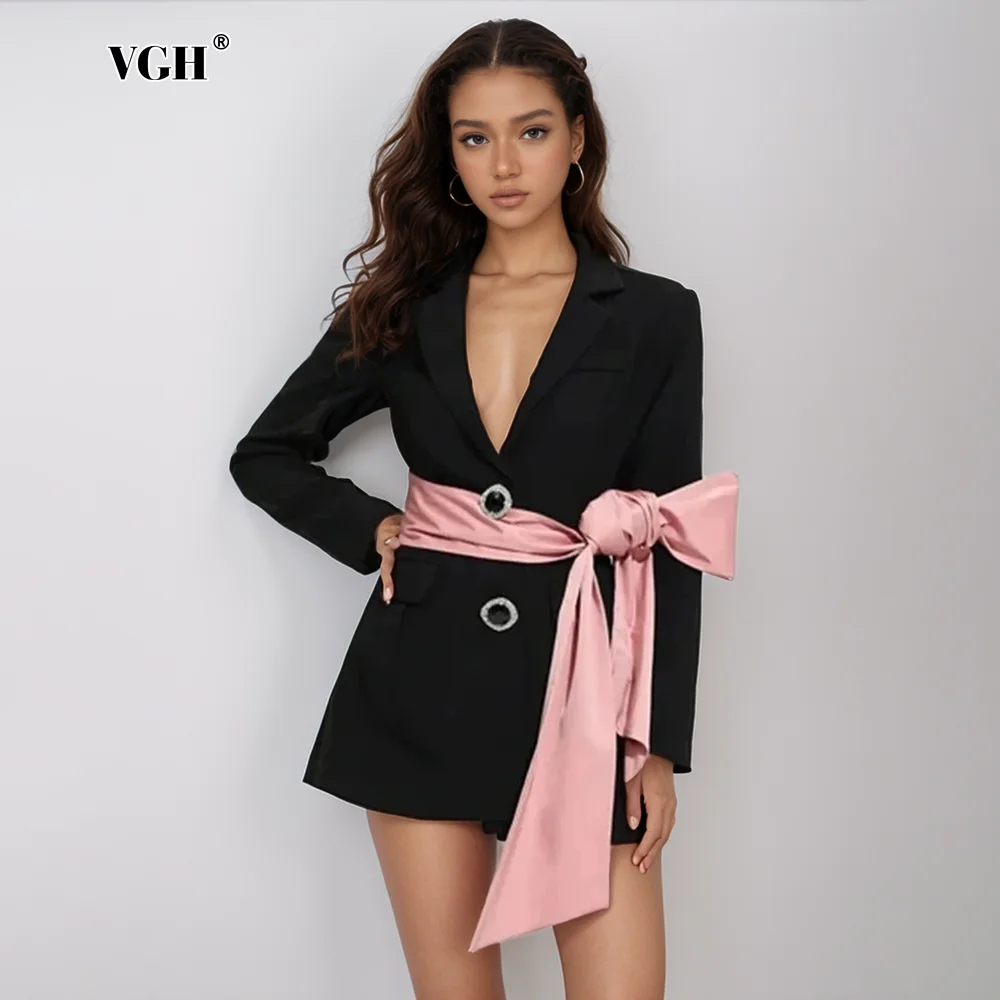 

VGH Elegant Patchwork Bowknot Chic Blazers For Women Notched Collar Long Sleeve Backless Tunic Blazer Female Fashion Style New