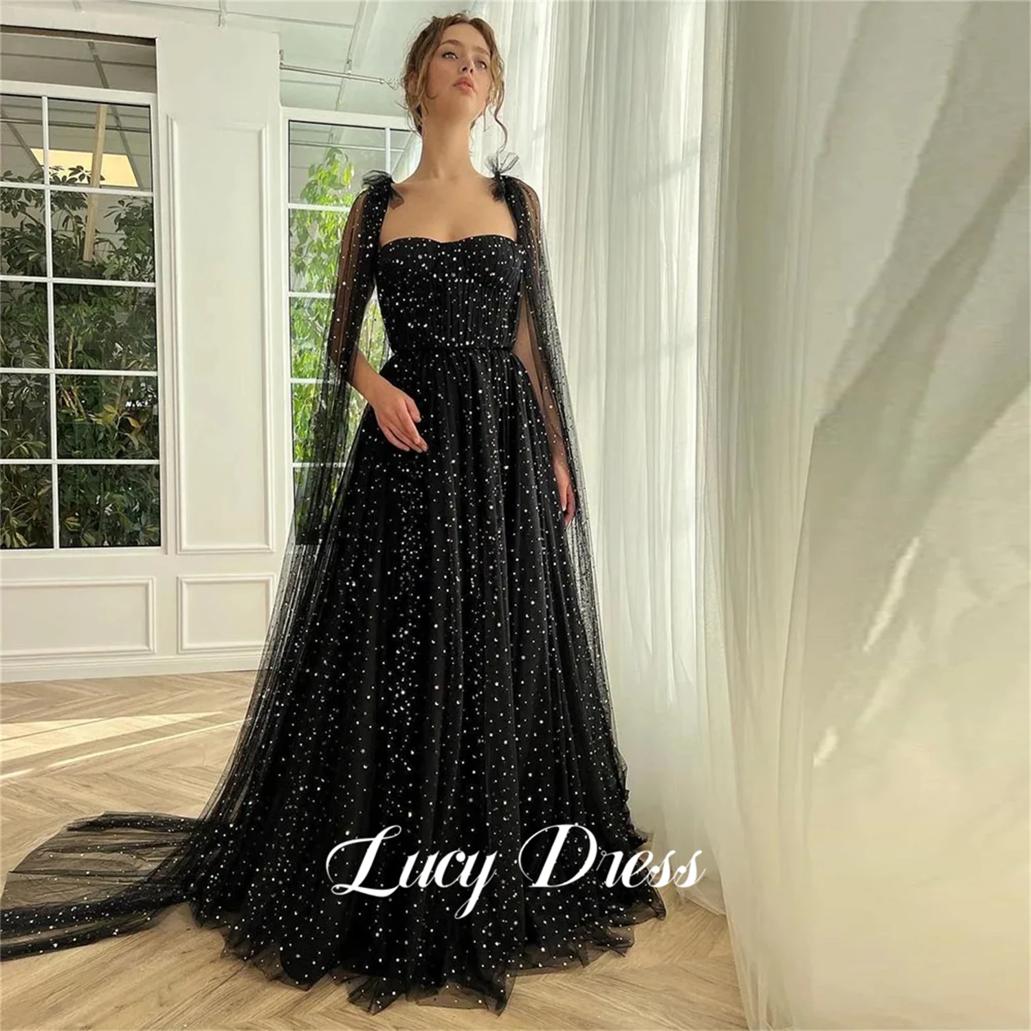 

Lucy Black Party Dress Graduation Gown Evening Shiny Decorative Fabric Shawl International Dresses for Formal Occasions Prom