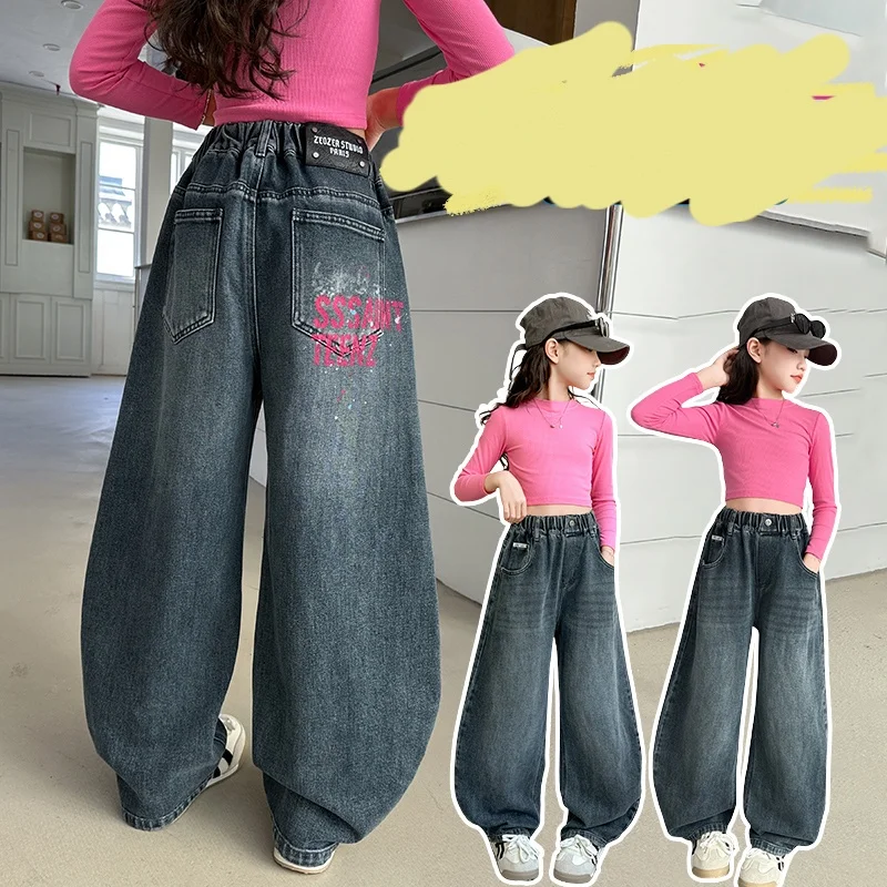 

Girls Jeans 4-14Year Teen Wide Leg Denim Teenage Vintage Trousers Toddler Girl Letter Printed Denim Bottom Kids Softy Long Pants