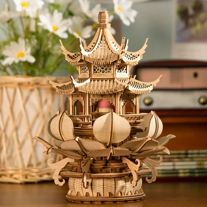 DIY Wooden Model Building Kits Pavilion in Lotus Breezes Creative Mortise Joint 3D Jigsaw Puzzles for Friends Birthday Gifts