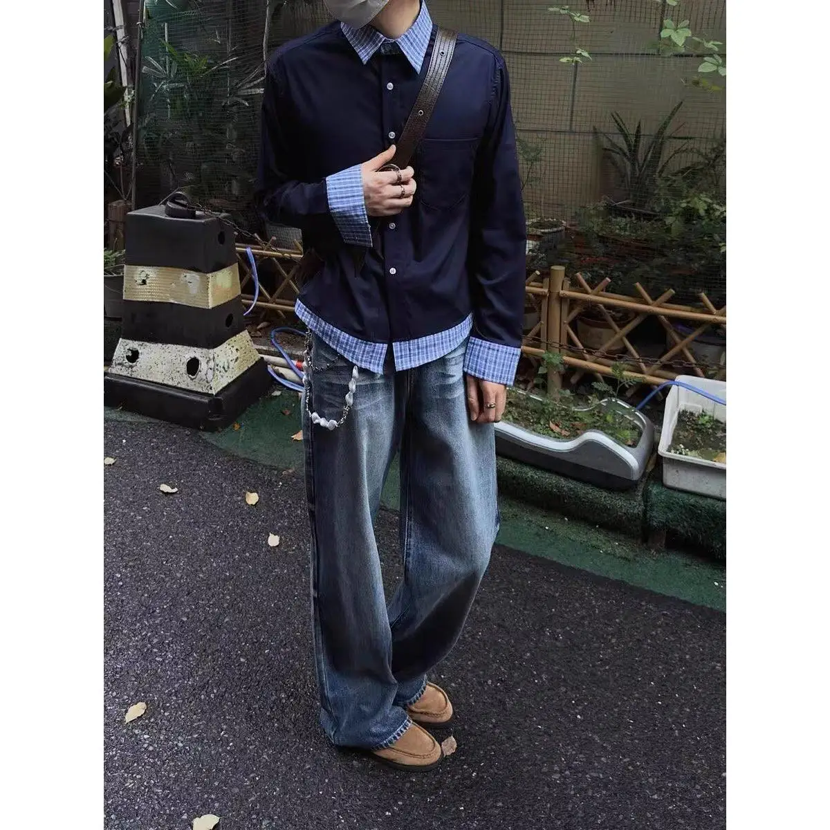 

American College Sle Patchwork Long Sve irt Waist Cinched Slim Fit Men's T-irt Autumn Winter New Sle Youth Faion