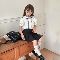 Girls Blouses 2024 New Summer Kids Preppy Set Girls Bubble Short-sleeved Bow Shirt Korean Simple Style Children Clothes