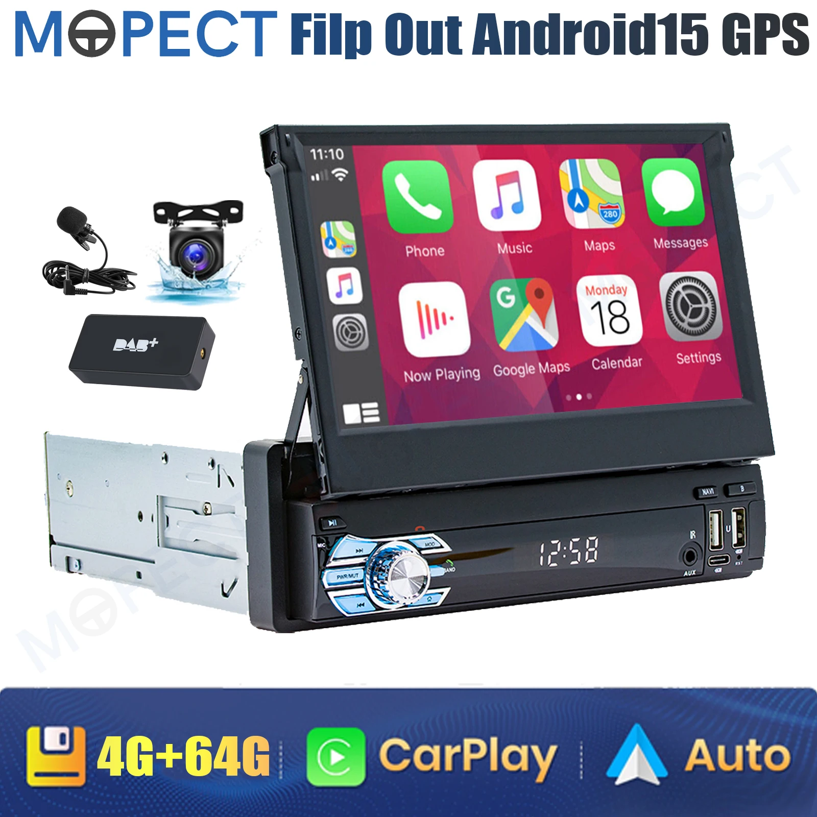 MOPECT Radio Estéreo para Auto de 7 Pulgadas con Pantalla Táctil Android 15 4+64G, Unidad Principal con USB, WiFi, Carplay, GPS, Navegador, Micrófono, BT+DAB&AHD