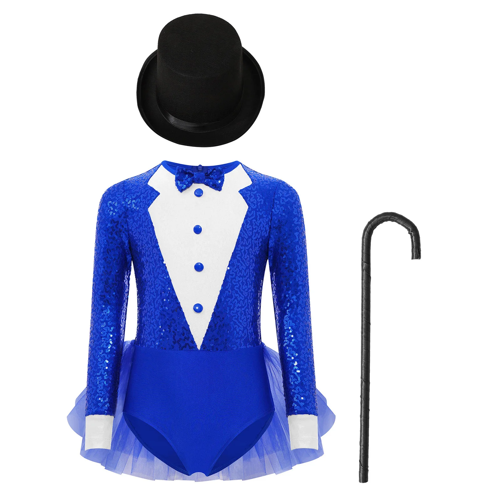 

Girls Jazz Dance Bodysuit Costume Magician Outfit Sparkly Sequins Color Block Bodice Tulle Skirted Leotard with Hat And Crutch