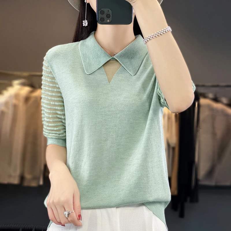 Summer New Organza Doll Neck Sweet Temperament Spliced Half Sleeve T-shirt Worsted Knitted Short Sleeve Bottom Women's Top