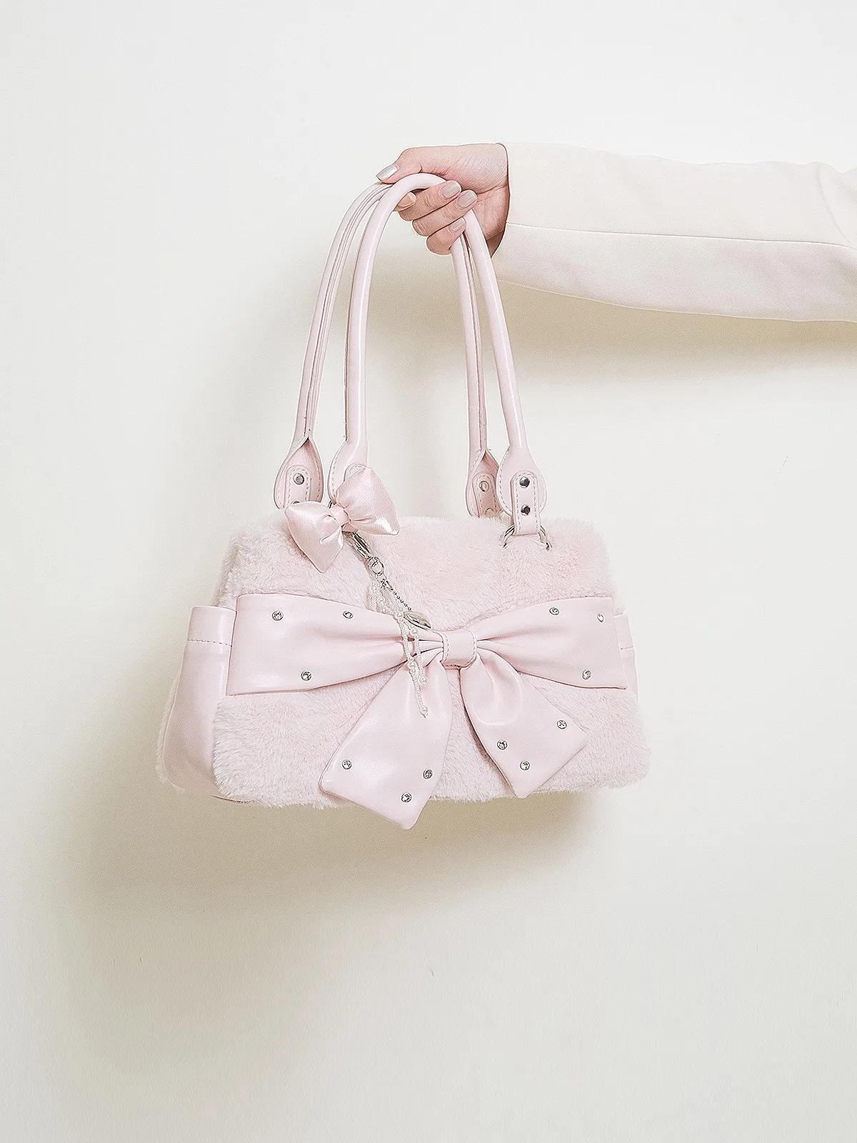 

Женская осенняя плюшевая сумка в стиле ретро с бантом, милая сверкающая сумка с бриллиантами, милая розовая сумка на одно плечо, милая универсальная женская сумка-тоут