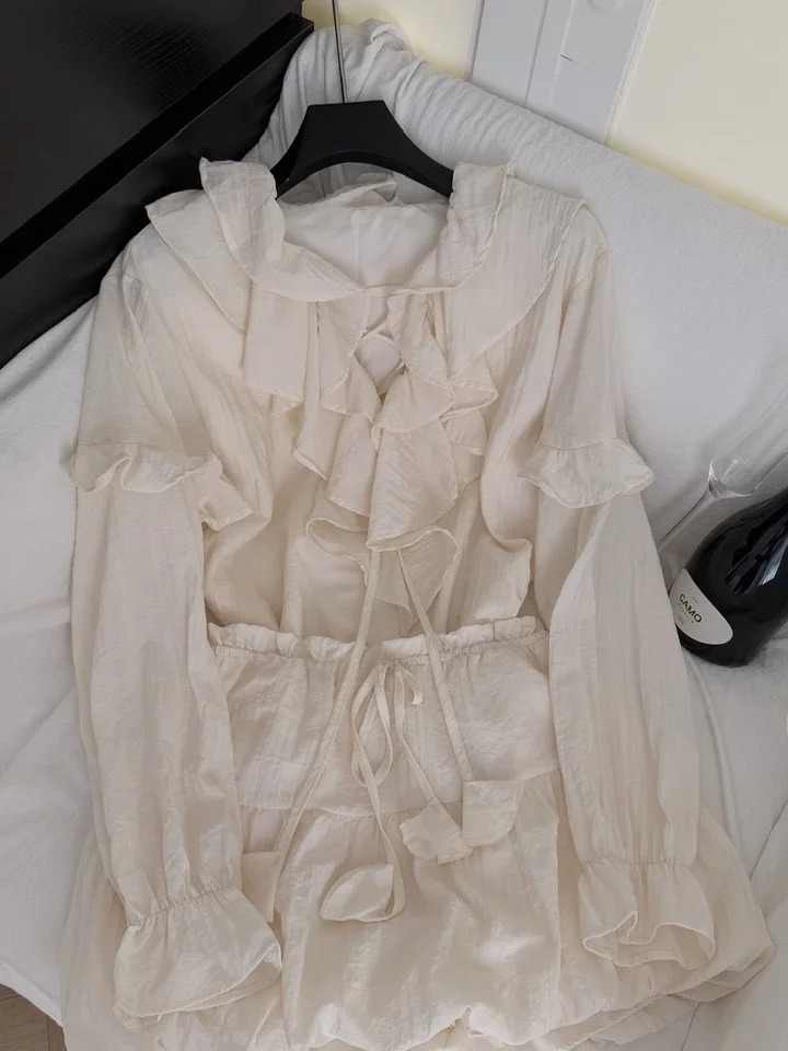 

Ele комплект из двух предметов для женщин, осенний нежный ветер, кружевная отделка, длинный топ све, юбка с высокой талией и цветочным бутоном, ансамбль