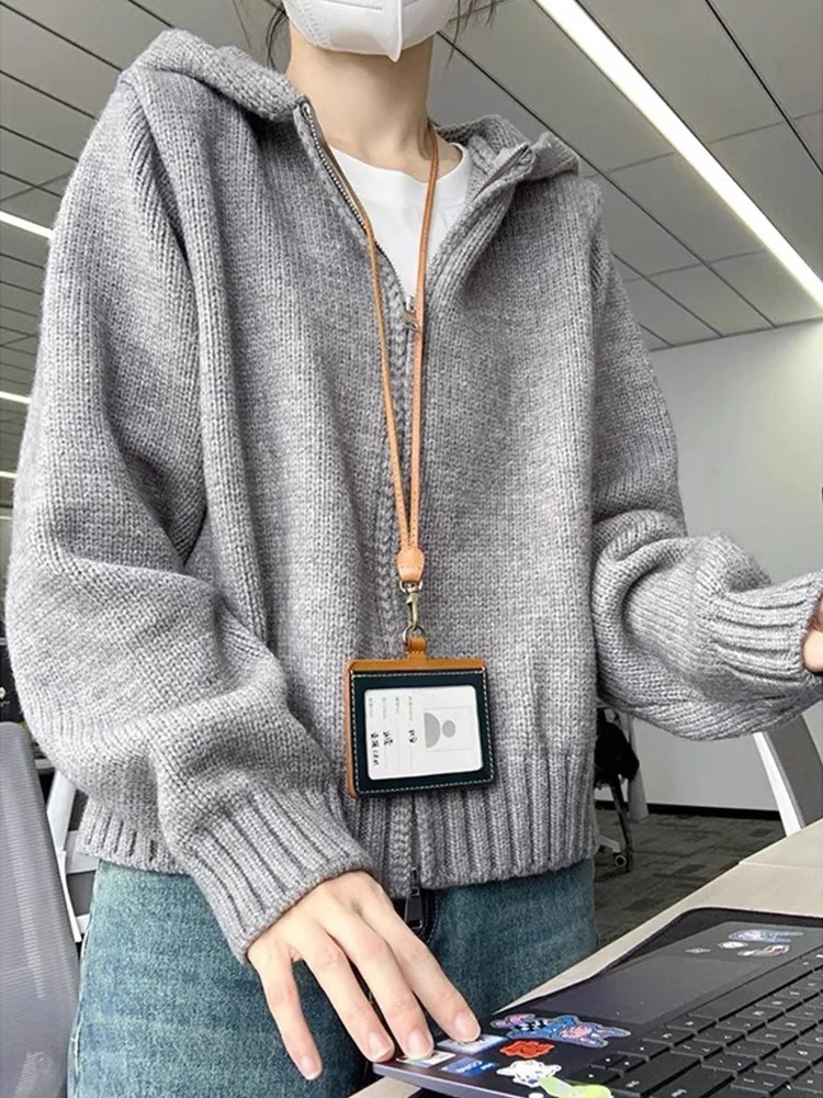 

ay Hooded Double Zipper Thiened Knitted Sweater Coat Women's Autumn Winter ort Cardigan Open Front Casual Sle Loose Fit