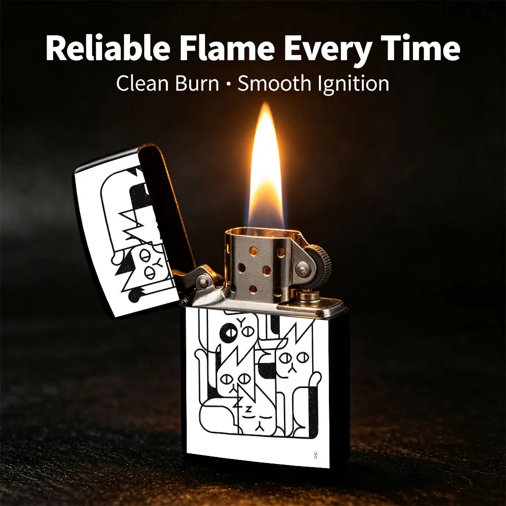 Pocket Lighter, Flip-Top Windproof Design, Metal Shell, Cat Pattern Artwork, Comfortable Grip, Durable & Reliable - Perfect for Daily Use