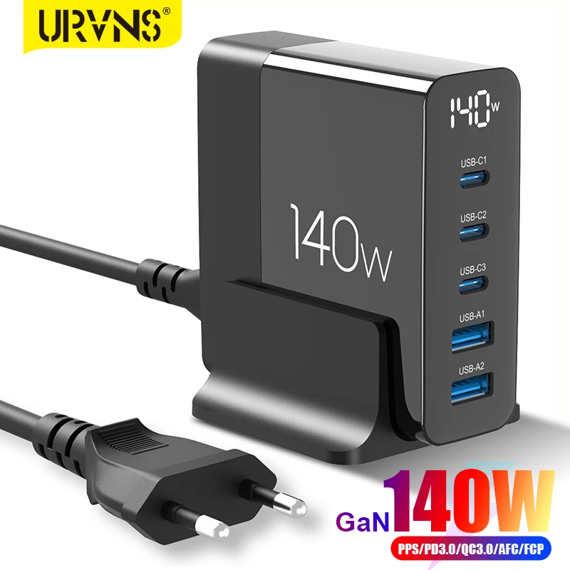 URVNS 140W USB C Desktop Charger, LED Display 5-Ports PD 100W PPS 45W Fast Charging GaN Adapter for MacBook iPad iPhone Galaxy