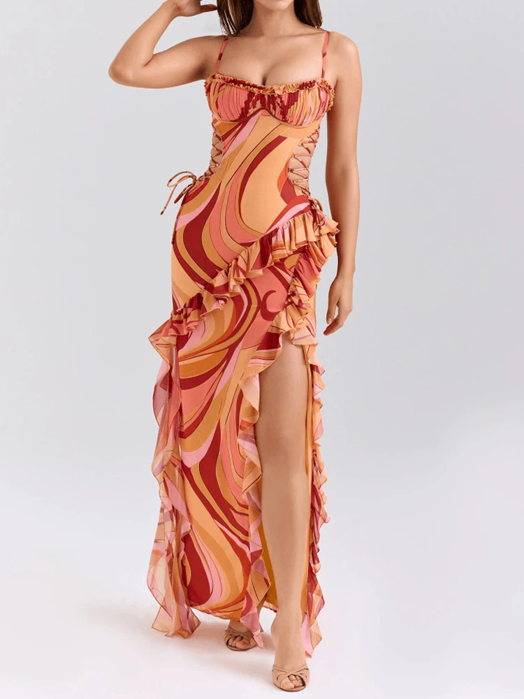 Vestido de fiesta bohe ajustado con estampado de patrón de moda para mujer, vestidos largos sexis con volantes y espalda descubierta, vestido elegante sin mangas con hombros descubiertos y tirantes