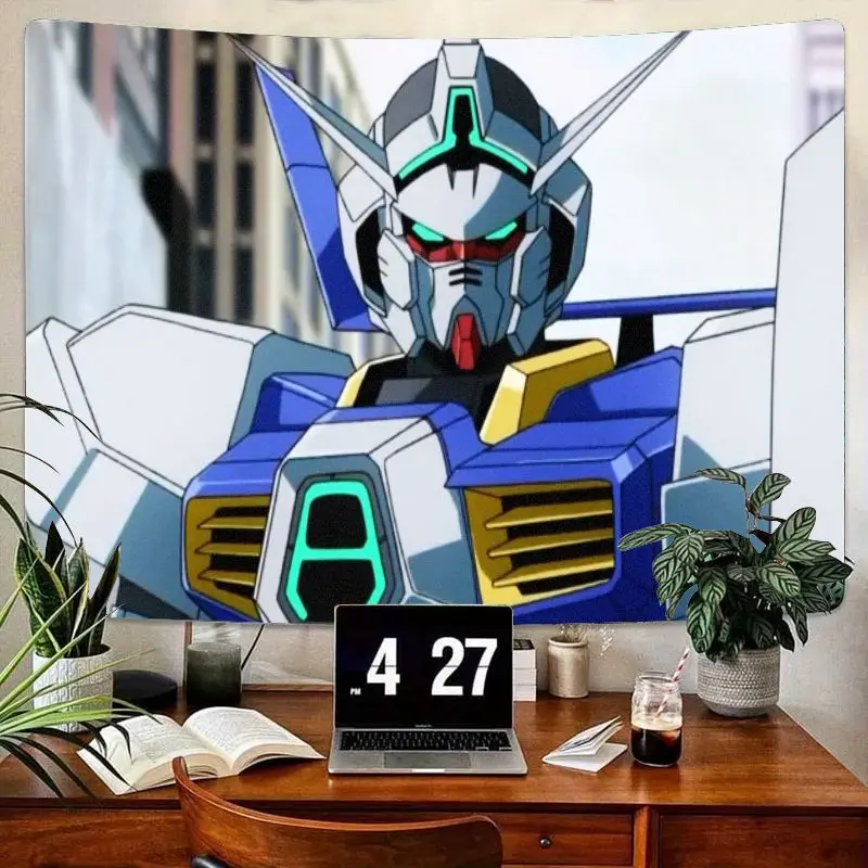 

1 шт. большой подробный гобелен робота Gundam с синими/белыми/желтыми доспехами, зелеными акцентами, красными глазами, городской пейзаж, фон, настенное искусство для B