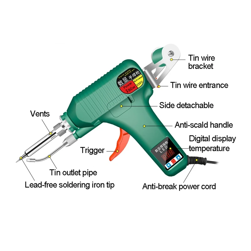 Adjustable Temperature Display Electric Soldering Iron 80w Hand-Held Heating Automatic Tin Feeding Gun Welding Repair Tool