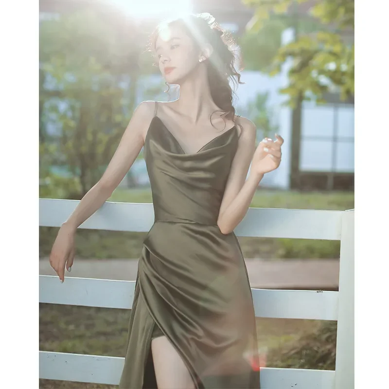 Bridesmaid Dress Girlfriend Group Summer New Satin Long Sisters Temperament Mori Celebrity Banquet Bridesmaid Dress