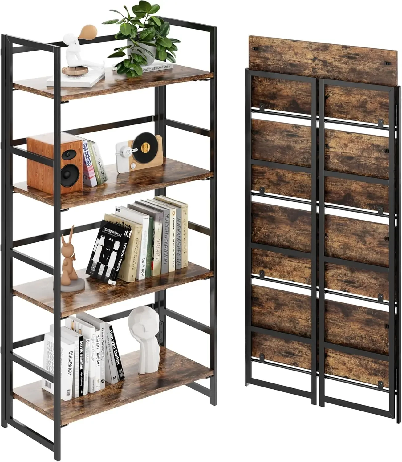 Vintage Multifunctional Folding Bookshelf, No-Assembly Plant Stand Storage Rack Shelves for Home Office (Fire, 4-Tier)