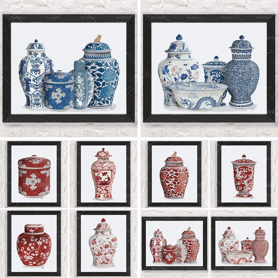 

Blue and white porcelain, red and white porcelain, ginger pot, Chinese style vase, oriental art home decoration poster